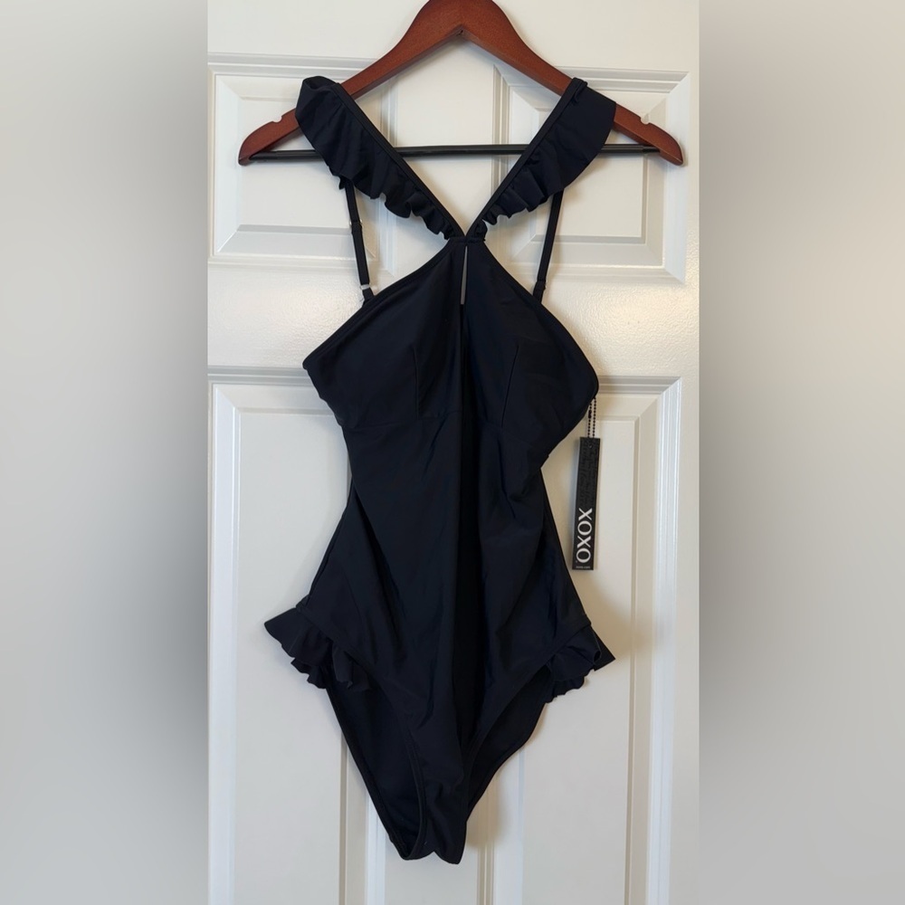 NWT XOXO Black One Piece Swim Suit with feminine detail ruffle Size large
